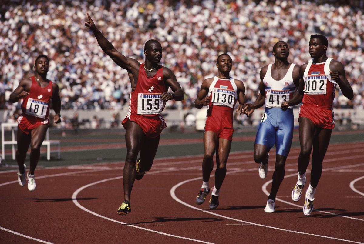 Canadian sprinter Ben Johnson (second from left) wins the final of the 100 Metres event at Seoul Olympic Stadium during the Olympic Games in Seoul, South Korea, 24th September 1988. Johnson won the event in a world record time of 9.79 seconds, but was disqualified for doping, with Carl Lewis (far right) of the USA, taking the title.