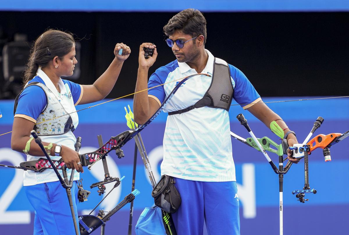 India’s Dhiraj Bommadevara and Ankita Bhakat during the mixed team semifinal archery match against Korea’s Lim Sihyeon and Kim Woojin. 