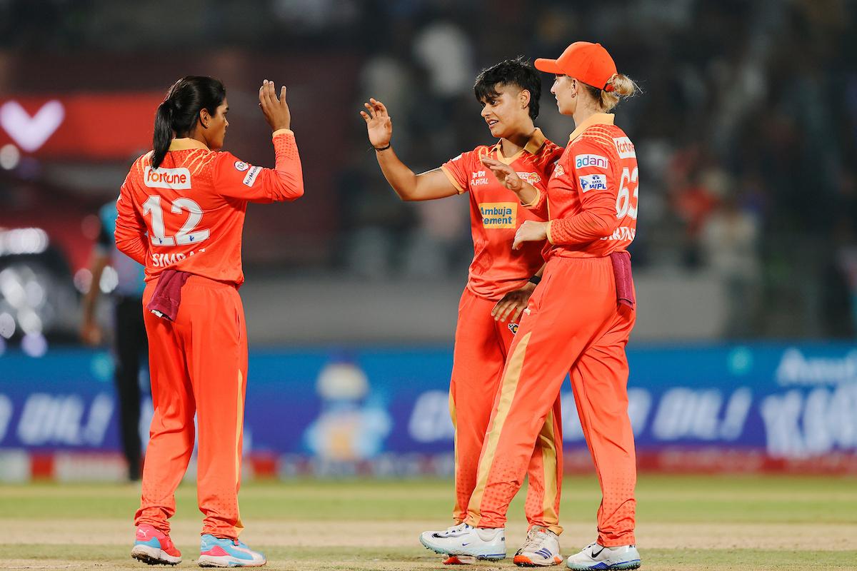 Kashvee Gautam of Gujarat Giants celebrates taking a wicket of Mumbai Indians in the Women’s Premier League 2025 (WPL).