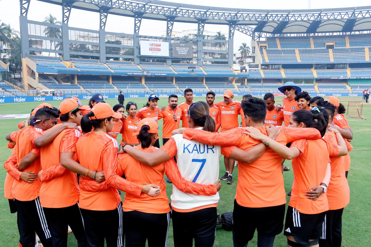 The Indian huddle before day one of the Test against Australia at the Wankede Stadium