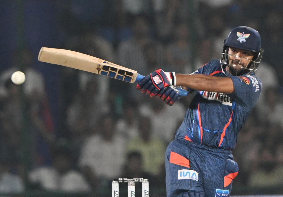 Nicholas Pooran plays a shot against Delhi Capitals.