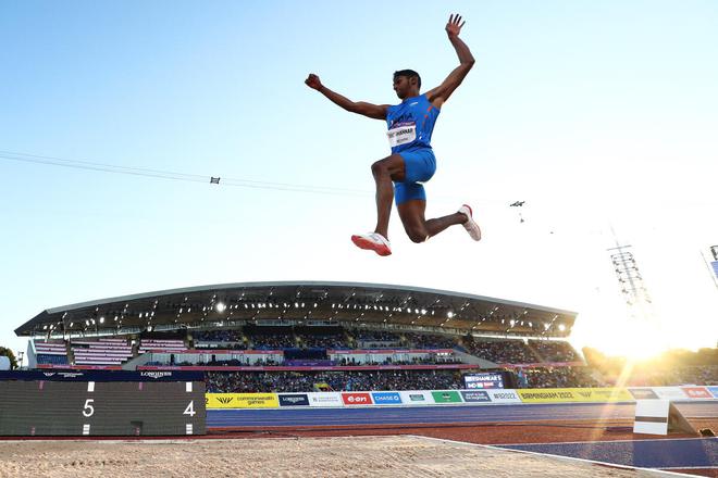 M. Sreeshankar in action during the Men’s Long Jump Final on Thursday. 