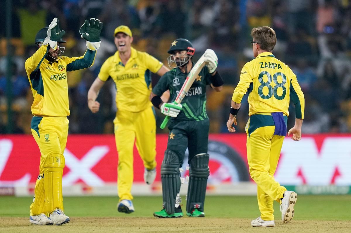 Adam Zampa celebrates after dismissing Pakistan’s Mohammad Rizwan during the ICC Men’s Cricket World Cup 2023 match in Bengaluru.