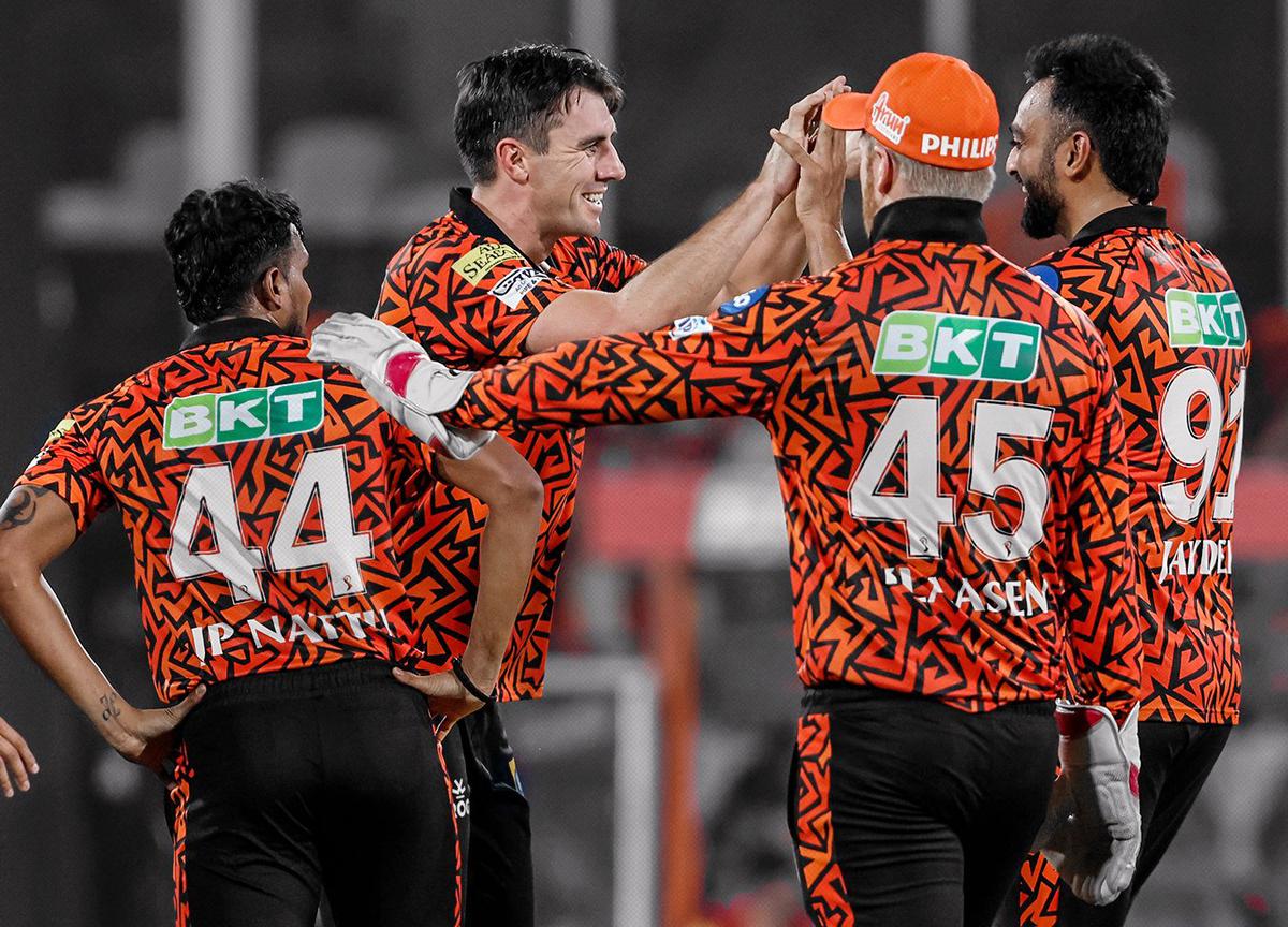 Sunrisers Hyderabad’s skipper Pat Cummins celebrates a wicket during the match against Chennai Super Kings in the Indian Premier League (IPL) 2024, at Rajiv Gandhi International Stadium.