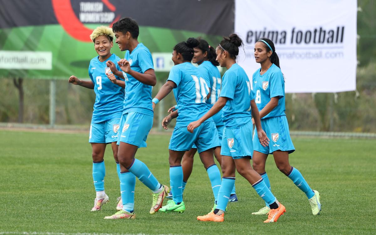 Manisha Kalyan (second from left) celebrates after scoring the first goal against Estonia in the Turkish Women’s Cup 2024.