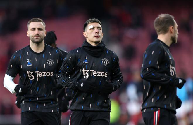 Lisandro Martinez of Manchester United warms up prior to the Premier League match between Arsenal FC and Manchester United at Emirates Stadium on January 22, 2023, in London, England.