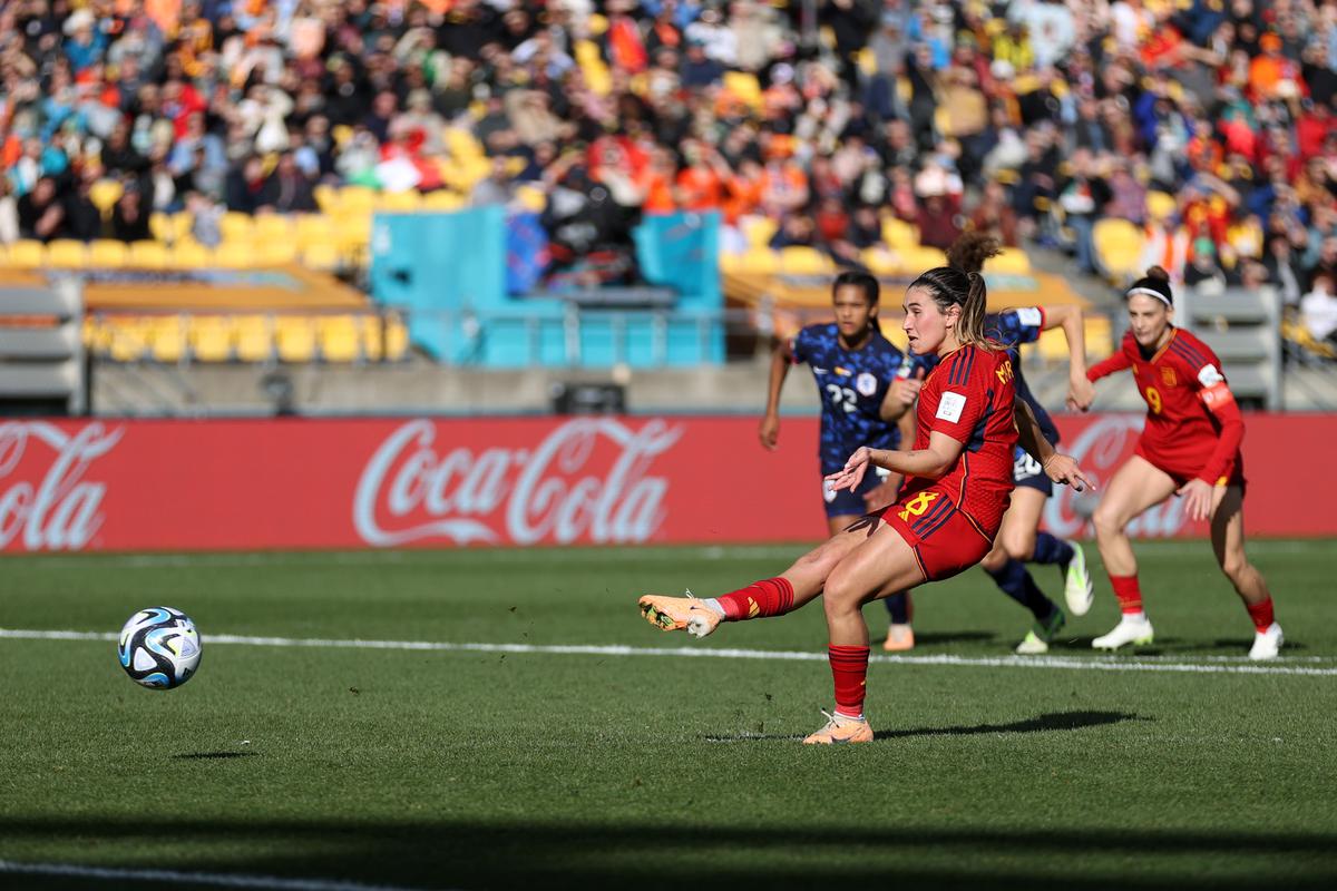 Mariona Caldentey of Spain converts the penalty to score the team’s first goal during the FIFA Women’s World Cup Australia & New Zealand 2023 Quarter Final match between Spain and Netherlands. 