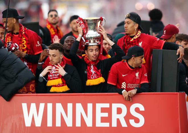 Curtis Jones of Liverpool celebrates with The FA Cup Trophy with teammates. 