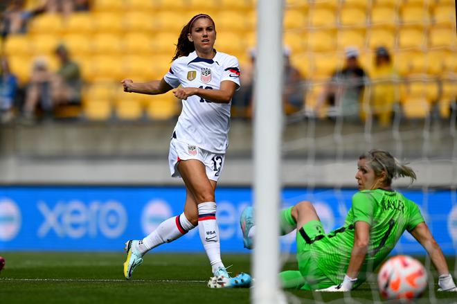 FILE PHOTO: Alex Morgan of USA scores a goal during the International friendly fixture match against the New Zealand Football Ferns.