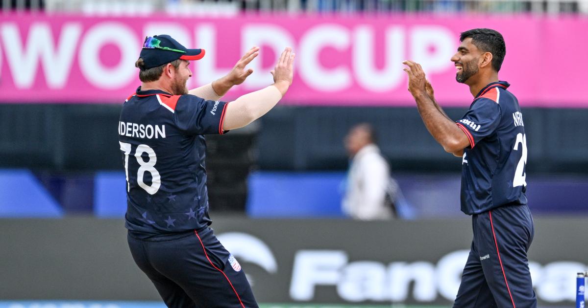 Netralvakar, celebrates the wicket of India’s captain Rohit Sharma during the World Cup match between India and USA in New York.