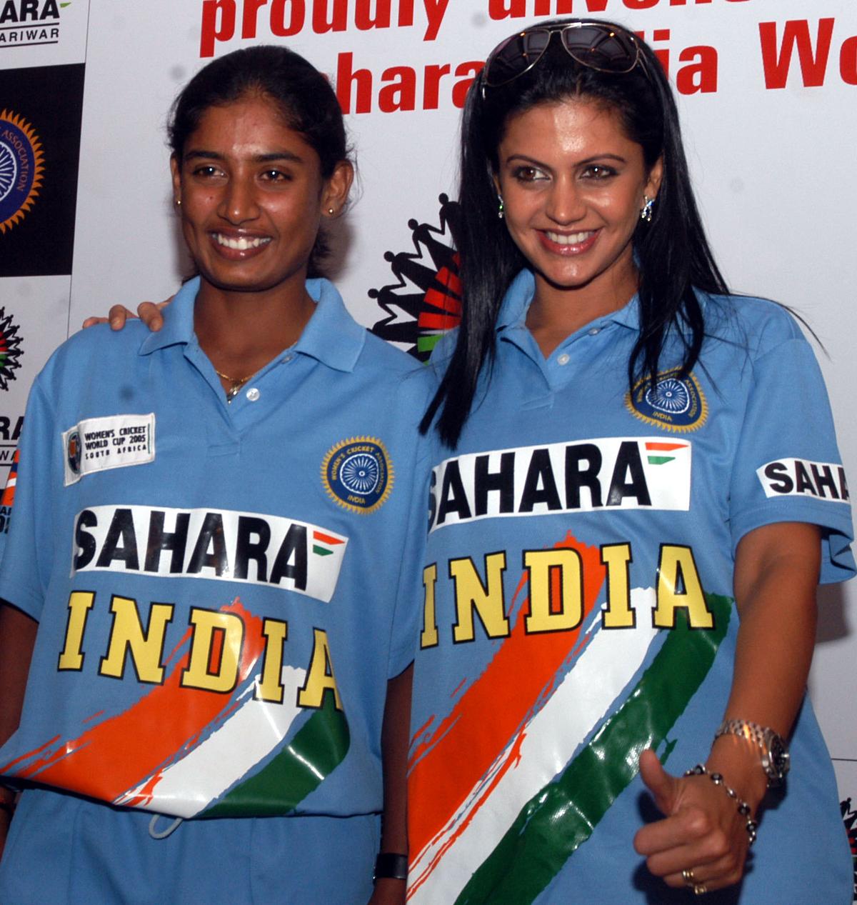Mithali (left) with Mandira Bedi, then brand ambassador of the Indian women’s cricket team, ahead of the South Africa World Cup in 2005.