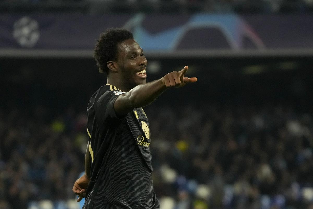 Union’s David Datro Fofana celebrates after scoring his side’s first goal during the Champions League, Group C match between Napoli and Union Berlin at the Diego Maradona stadium, in Naples, Italy.