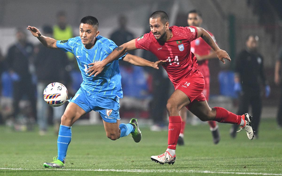 Chhetri in action against Bangladesh in their AFC Asian Cup qualifier at the Jawaharlal Nehru Stadium in Shillong.