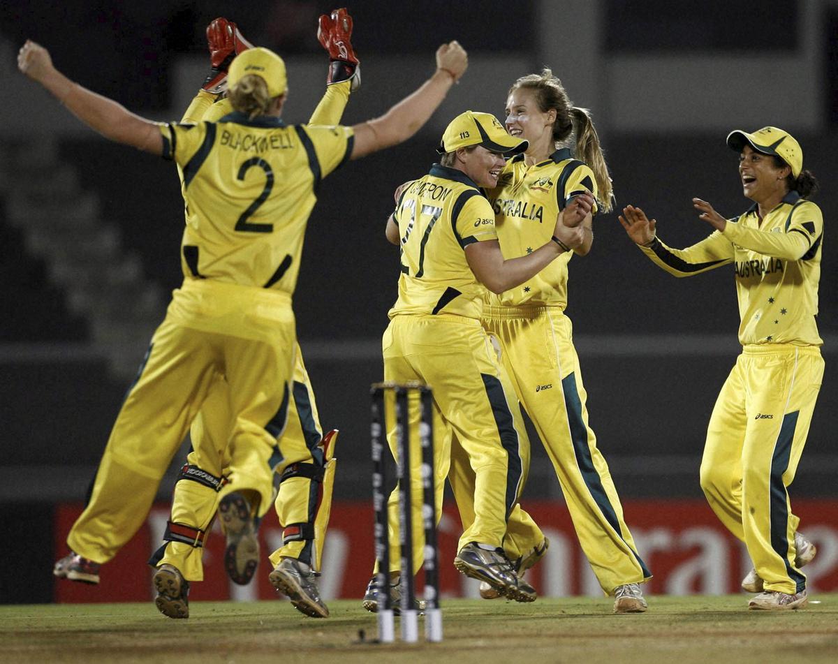 Australia’s Ellyse Perry celebrates the wicket of Stafanie Taylor during the ICC Women’s World Cup final against West Indies.