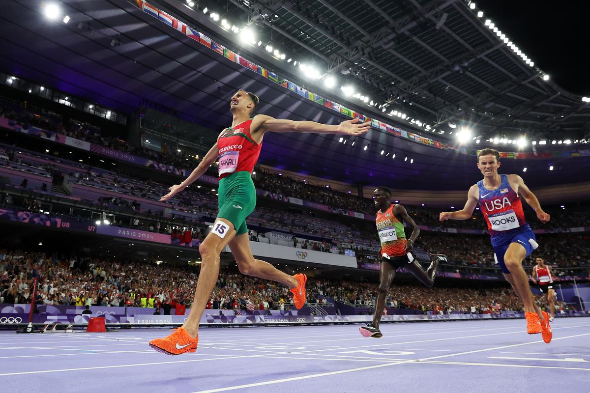 Soufiane El Bakkali of Team Morocco celebrates winning the gold medal in the Men’s 3000m Steeplechase Final. 