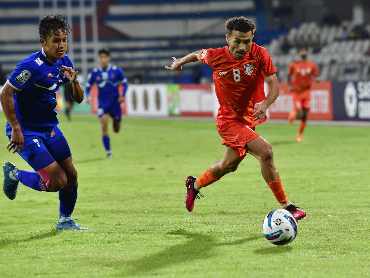 India’s Mahesh Singh Naorem (8) was a constant threat with runs along the flanks and fund the breakthrough, assisting Sunil Chhetri in the opening goal against Nepal.