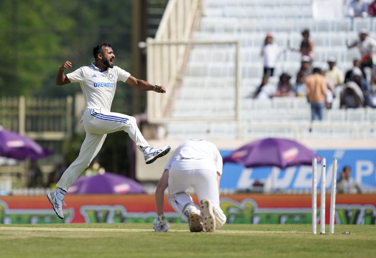 Akash Deep celebrates the wicket of England’s Zak Crawley on the first day of the fourth Test cricket match between India and England, at the JSCA International Stadium Complex, in Ranchi.