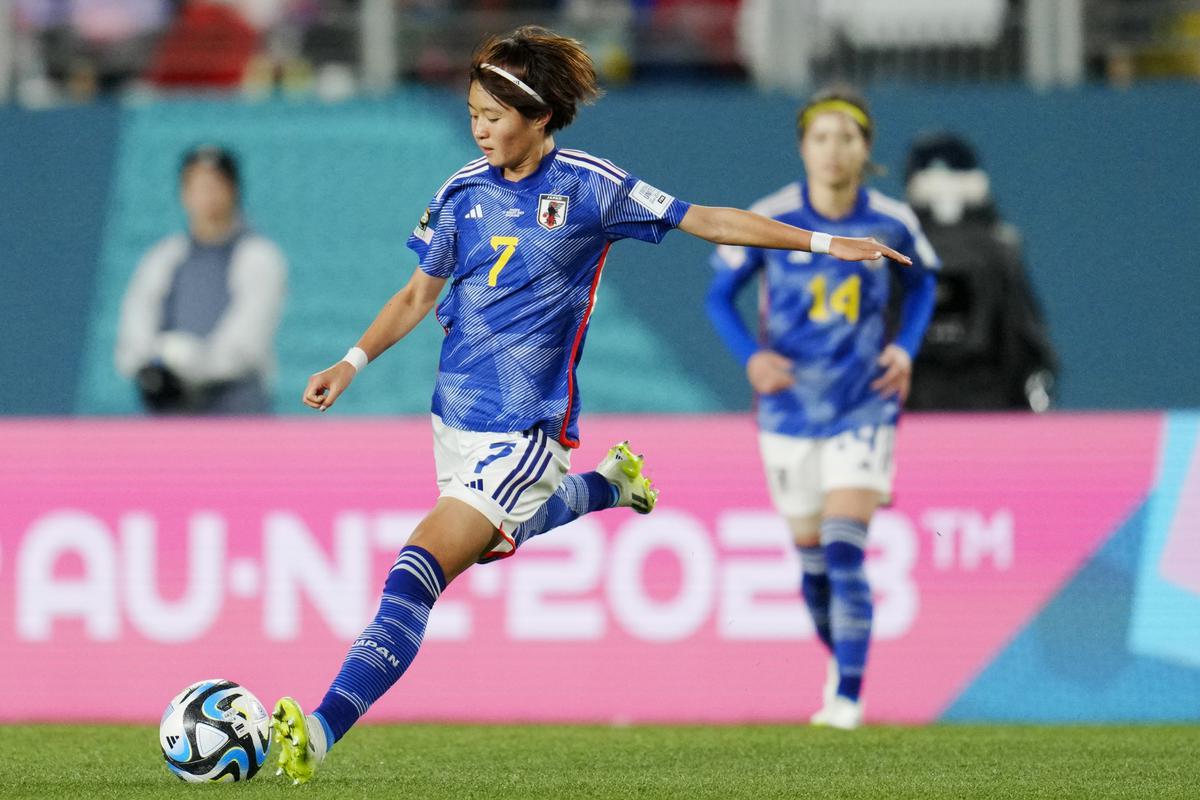Japan’s Hinata Miyazawa passes the ball during the Women’s World Cup quarterfinal match between Japan and Sweden at Eden Park in Auckland, New Zealand.