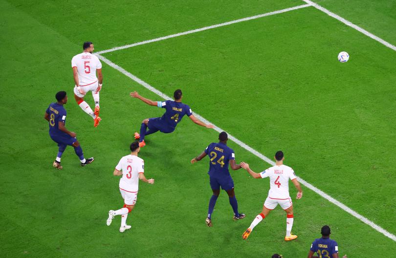 Tunisia’s Nader Ghandri (#5) scores a goal before it was disallowed following a VAR review.