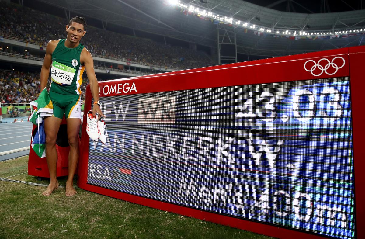 South Africa’s Wayde van Niekerk celebrates after winning the men’s 400m final and setting a new world record of 43.03s during the Rio Olympics.