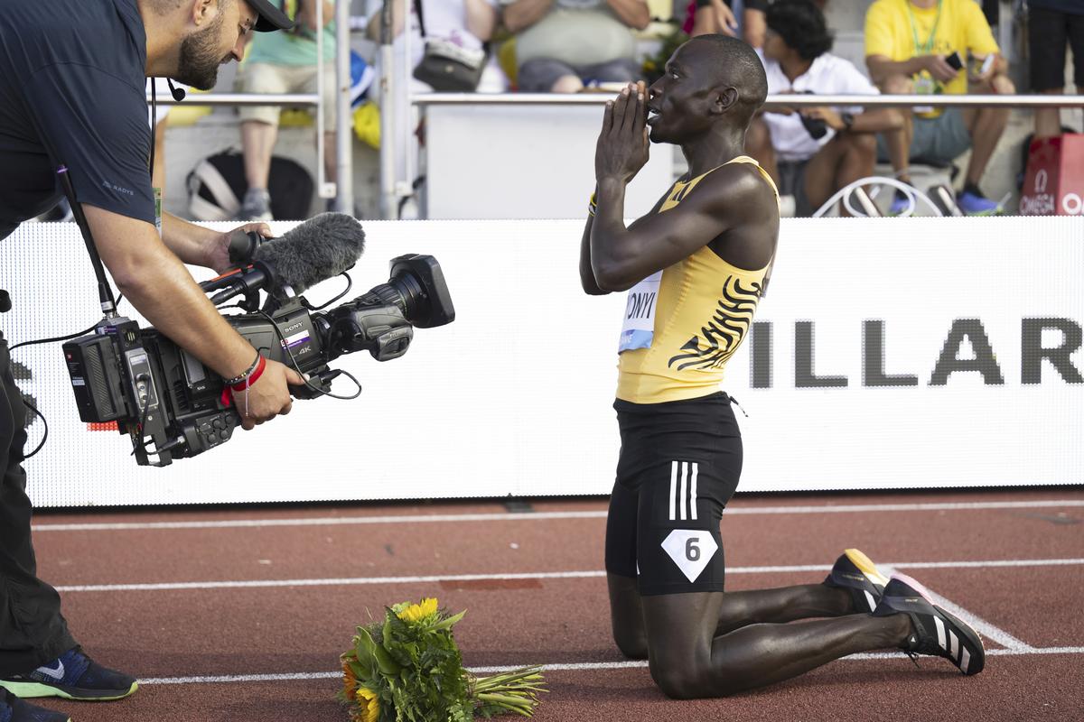 Emmanuel Wanyonyi of Kenya reacts after winning the 800m Men during the World Athletics Diamond League Athletissima meeting at the Stade Olympique de la Pontaise in Lausanne, Switzerland, Thursday, August 22, 2024.