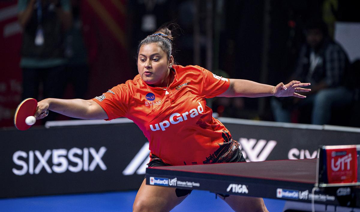 Chennai: U Mumba TT's Sutirtha Mukherjee plays a shot during the TIE 4 of Ultimate Table Tennis Season 5 between U Mumba TT and Dabang Delhi T.T.C., in Chennai, Saturday, Aug. 24, 2024. (PTI Photo)(PTI08_24_2024_000213B)