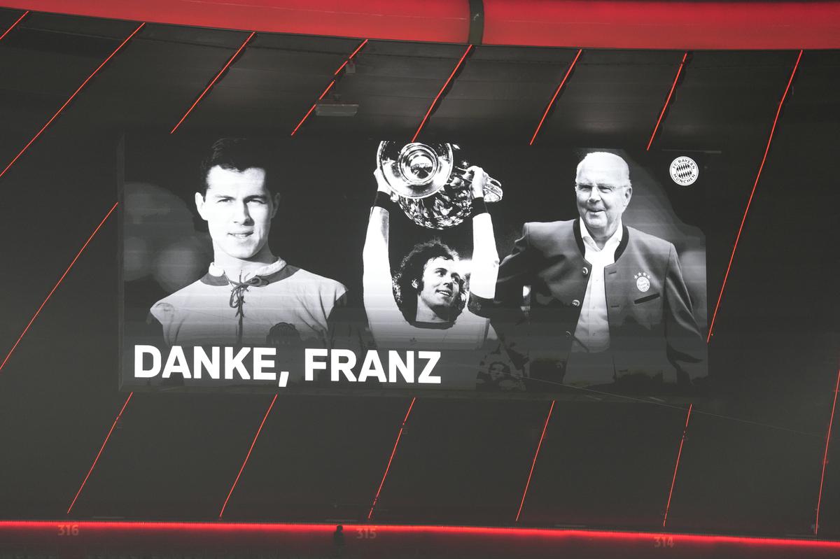 Images of Bayern and Germany legend Franz Beckenbauer are displayed on a screen before the German Bundesliga football match between FC Bayern Munich and TSG 1899 Hoffenheim. 