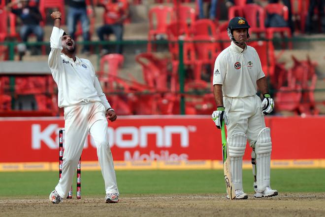 Harbhajan Singh of India during day four of the second Test match between India and Australia at the M. Chinnaswamy Stadium on October 12, 2010, in Bangalore.