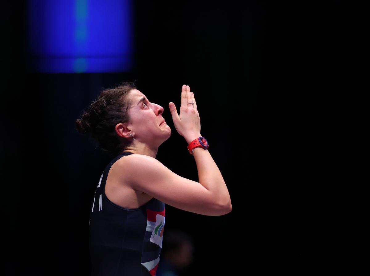 Carolina Marin of Spain celebrates after winning the Women’s Singles Final against Akane Yamaguchi of Japan during Day Six of the Yonex All England Open Badminton Championships 2024 at Utilita Arena Birmingham on March 17, 2024 in Birmingham, England.