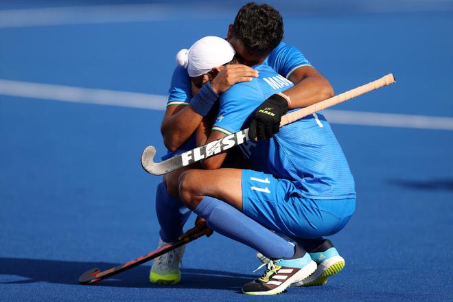 Mandeep Singh and Harmanpreet Singh after India drew with England 4-4 in a Men’s Hockey Pool B match on Monday. 