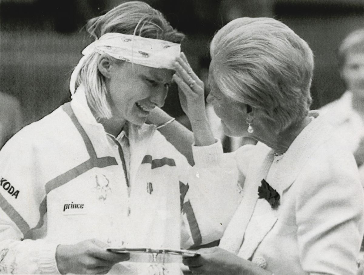 Britain’s Duchess of Kent (right) comforts Czech Republic’s Jana Novotna as she presents her with the runner-up trophy following her loss to Steffi Graf in the Wimbledon final on July 4, 1993. 