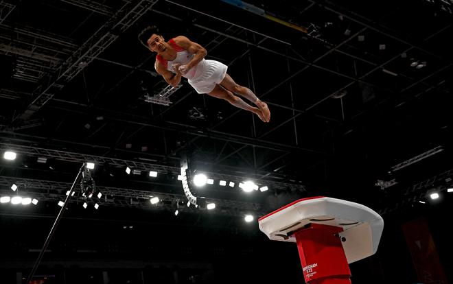 Jake Jarman competes in the Men’s Vault Final Artistic Gymnastics event on Monday. 
