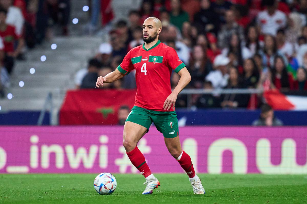 Sofyan Amrabat of Morocco runs with the ball during the international friendly game between Morocco and Peru at Civitas Metropolitan Stadium on March 28, 2023 in Madrid, Spain.