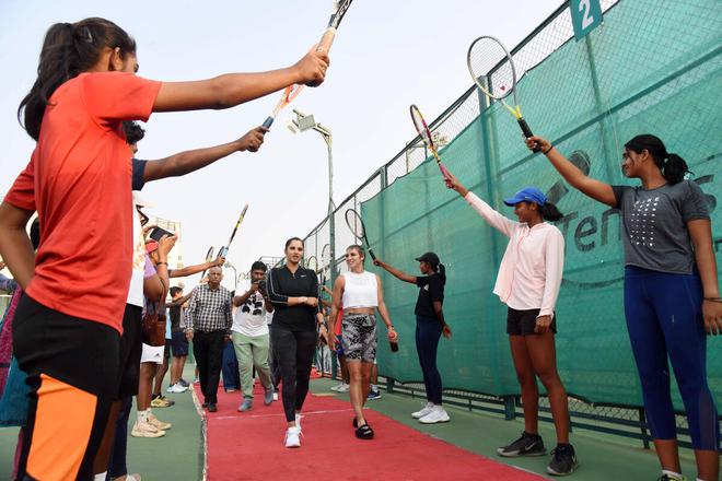 Tennis Stars Sania Mirza and Bethanie Mattek-Sands being welcomed at Sania Mirza tennis academy in Hyderabad on March 4, 2023.