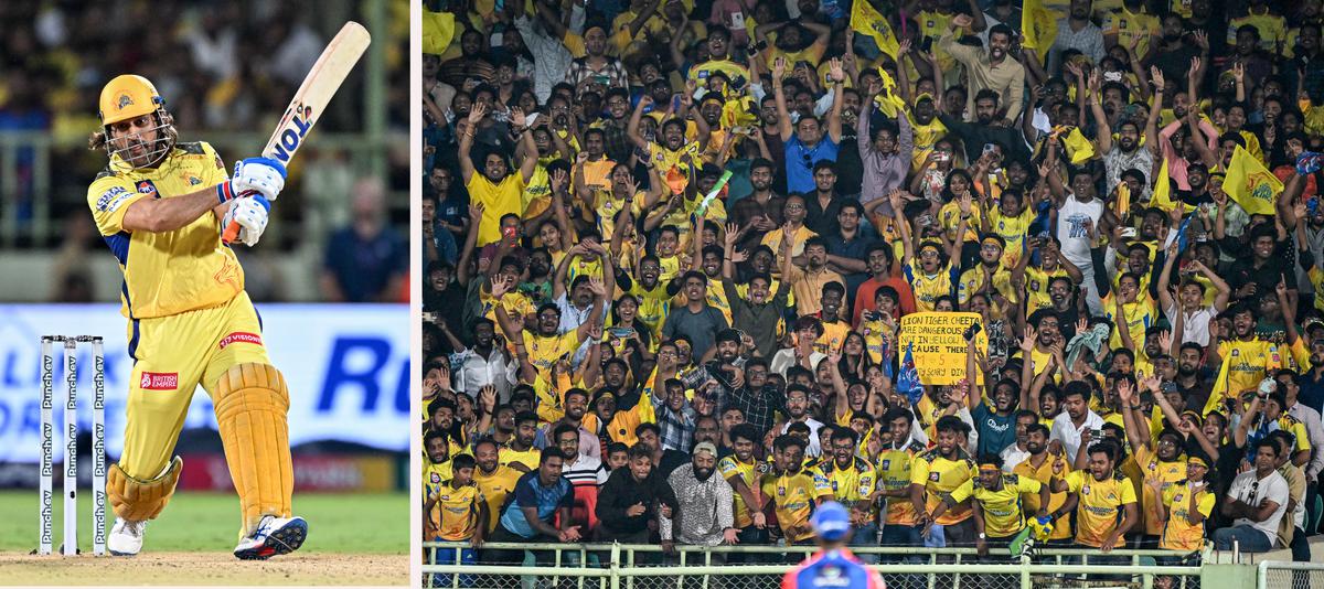 Chennai Super Kings’ M S Dhoni playing a shot and fans cheering in Visakhapatnam. 