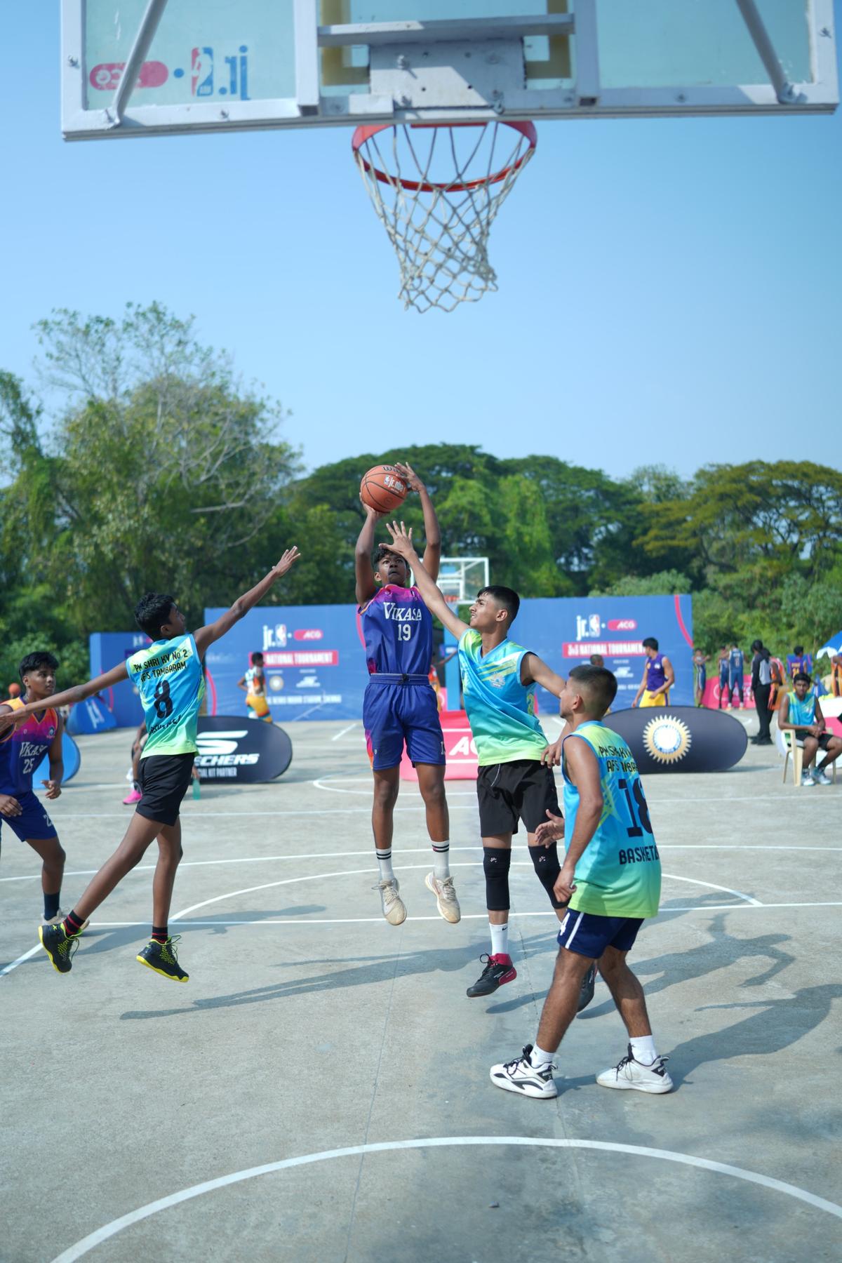 U-14 boys in action in the Chennai leg of the Jr. NBA 3v3 National Under-14 tournament.