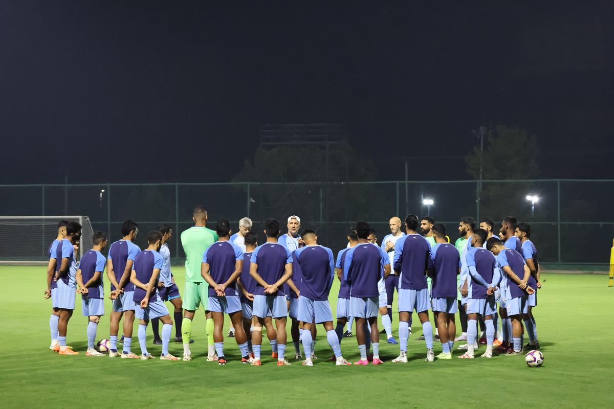 The Indian football team in a practice session before its FIFA World Cup qualifying game against Qatar at the Kalinga Stadium in Bhubaneswar.
