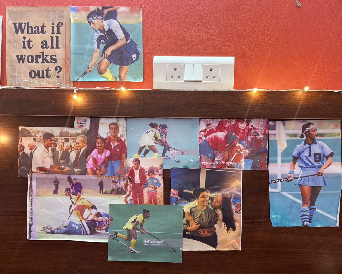 Inspiring legacy: On her hostel wall, Kanika has pasted pictures of her mother, whose journey in Indian hockey keeps her inspired every day. 
