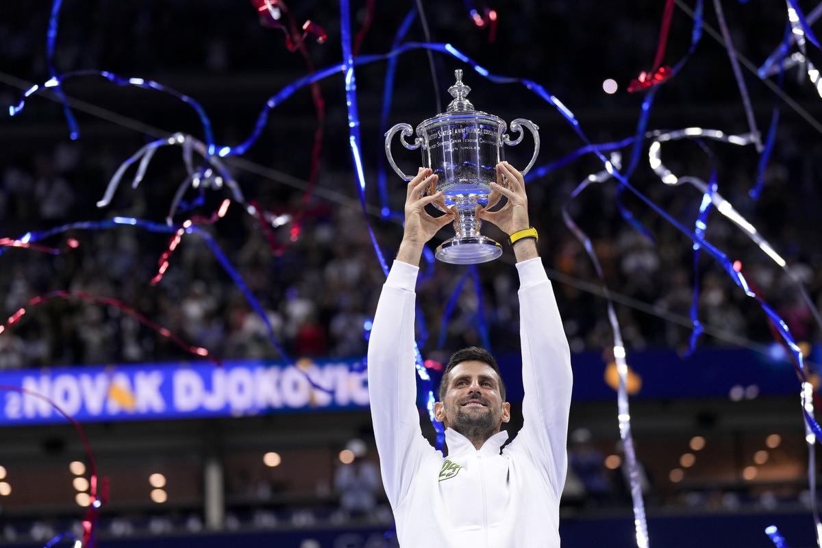 Djokovic with the US Open trophy after defeating Daniil Medvedev in the final.