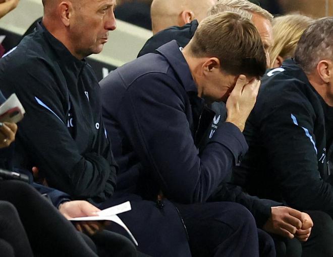 Aston Villa manager Steven Gerrard looks dejected as Aston Villa goes down to Fulham 0-3 in a Premier League match on October 20, 2022.