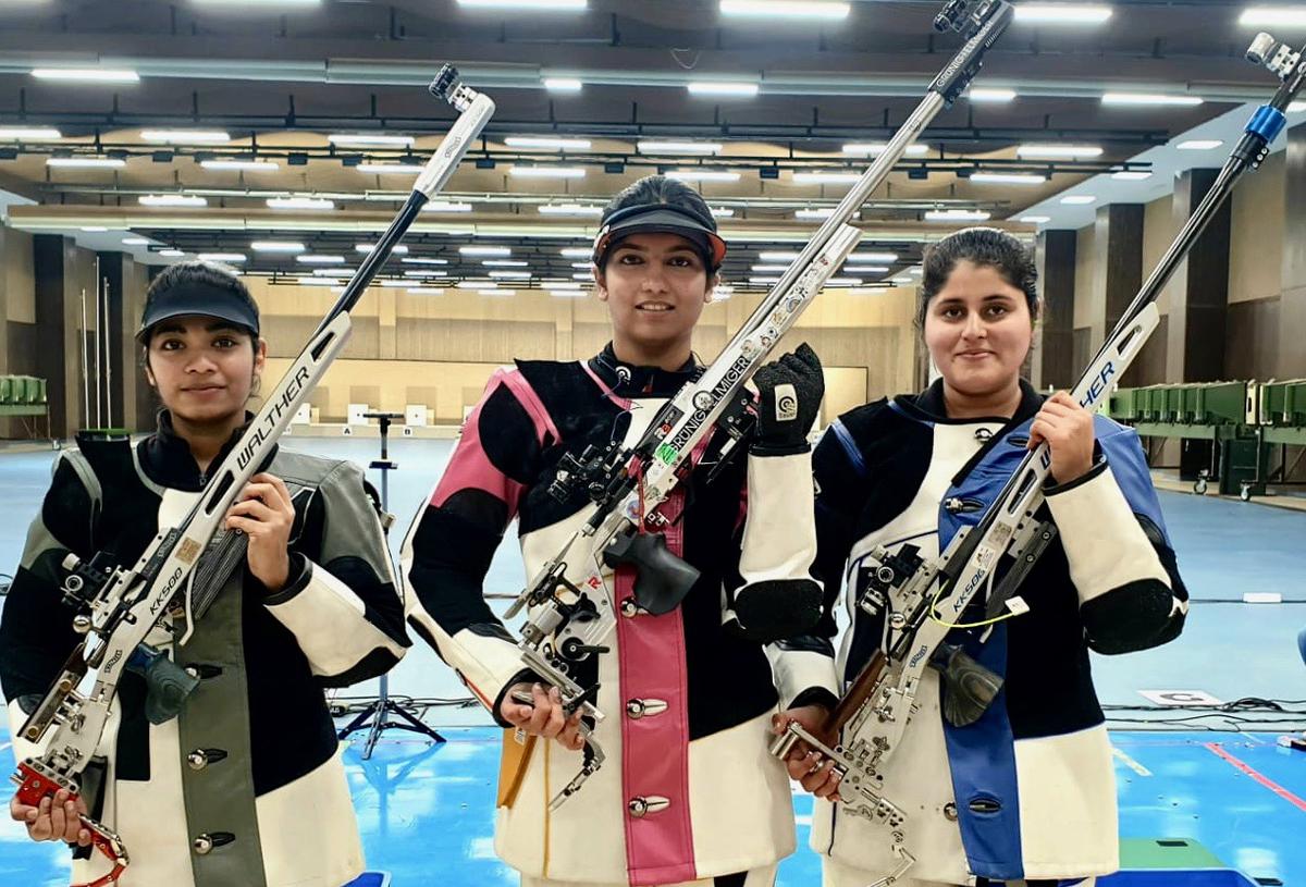 Vidarsa Vinod, topper Ashi Chouksey and Himani Poonia in women’s rifle 3-position event in National shooting trials in Bhopal on Wednesday.