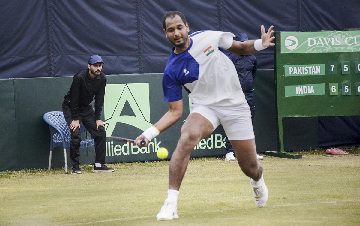 India’s Ramkumar Ramanathan in action during the Davis Cup match against Pakistan in Islamabad on Feb. 3, 2024. 