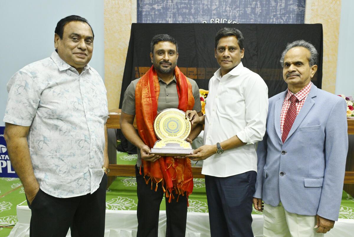 Retd. Justice Pingle Vijender (extreme right) will head a newly formed four-member Anti-Corruption & Security Unit within the Hyderabad Cricket Association in a press conference also chaired by HCA president Amarnath (L) and secretary M. Jeevan Reddy (second from right).