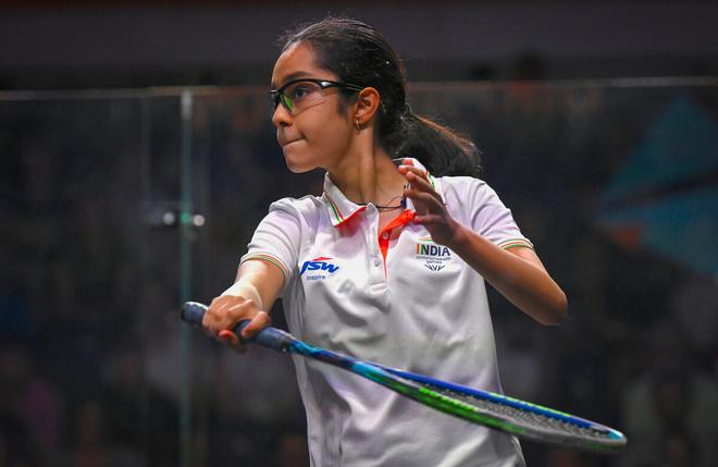 India’s Anahat Singh in action against Jada Ross of St. Vinc & Grenadines during the Squash Women’s Singles Round of 64 match at the Commonwealth Games 2022 in Birmingham on Friday. 