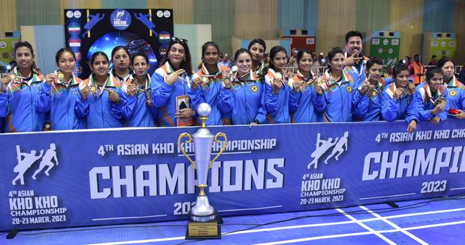 India’s women’s team with the winners trophy at the Asian Championships. 