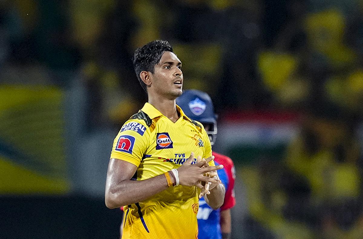 FILE PHOTO: Chennai Super Kings bowler Matheesha Pathirana celebrates the wicket of Delhi Capitals batter Axar Patel during the IPL 2023 cricket match between Chennai Super Kings and Delhi Capitals.