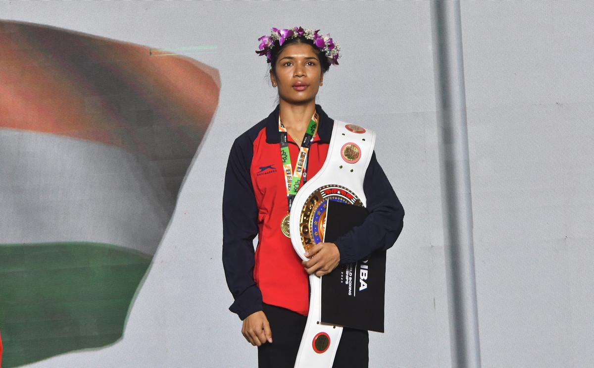 India’s Nikhat Zareen after winning gold medal in 50kg category at the 2023 IBA Women’s Boxing World Championships in New Delhi.