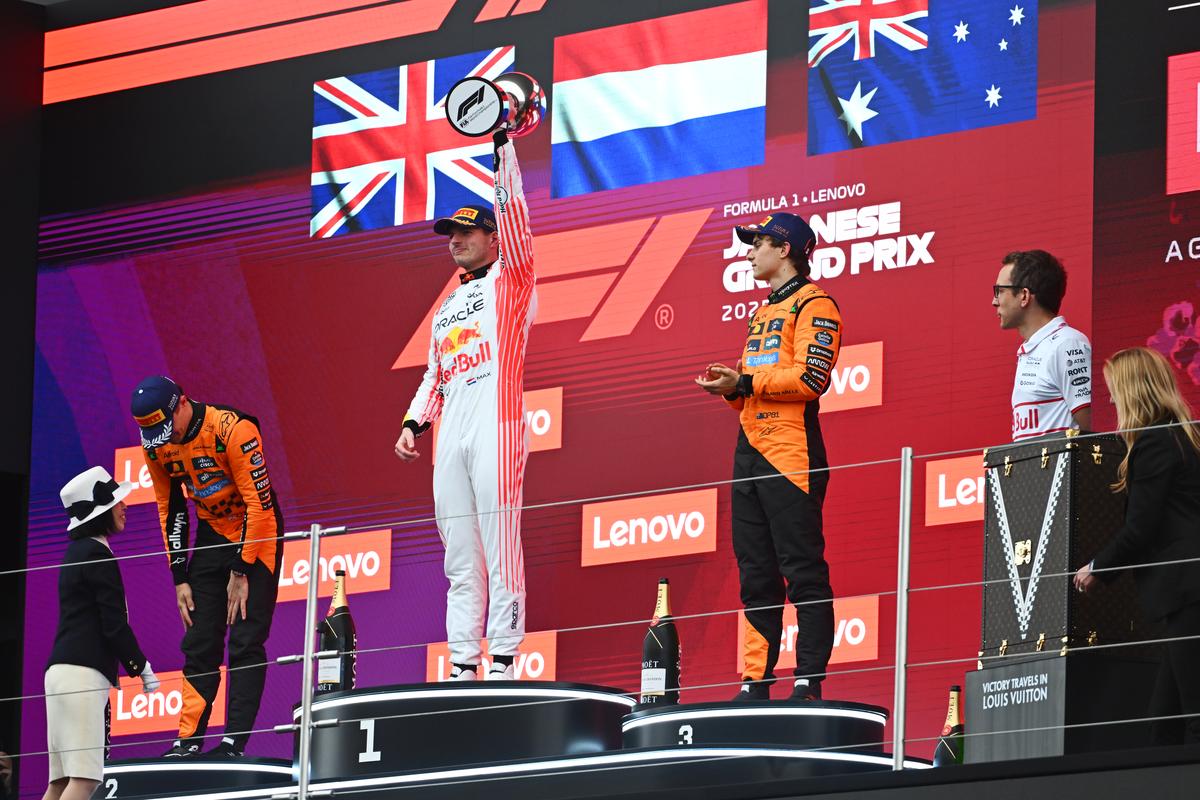 SUZUKA, JAPAN - APRIL 06: Race winner Max Verstappen of the Netherlands and Oracle Red Bull Racing lifts his trophy on the podium during the F1 Grand Prix of Japan at Suzuka Circuit on April 06, 2025 in Suzuka, Japan. 