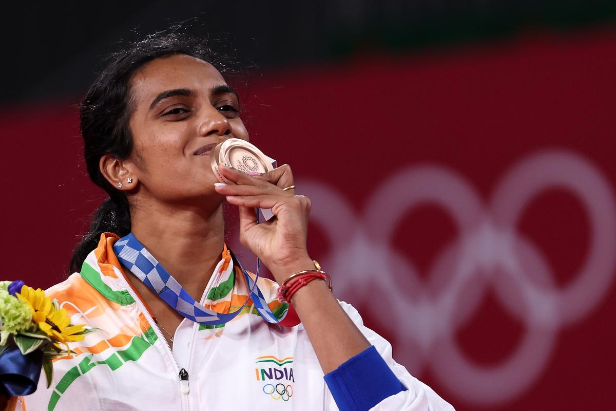 P. V. Sindhu during the medal ceremony of Tokyo 2020.