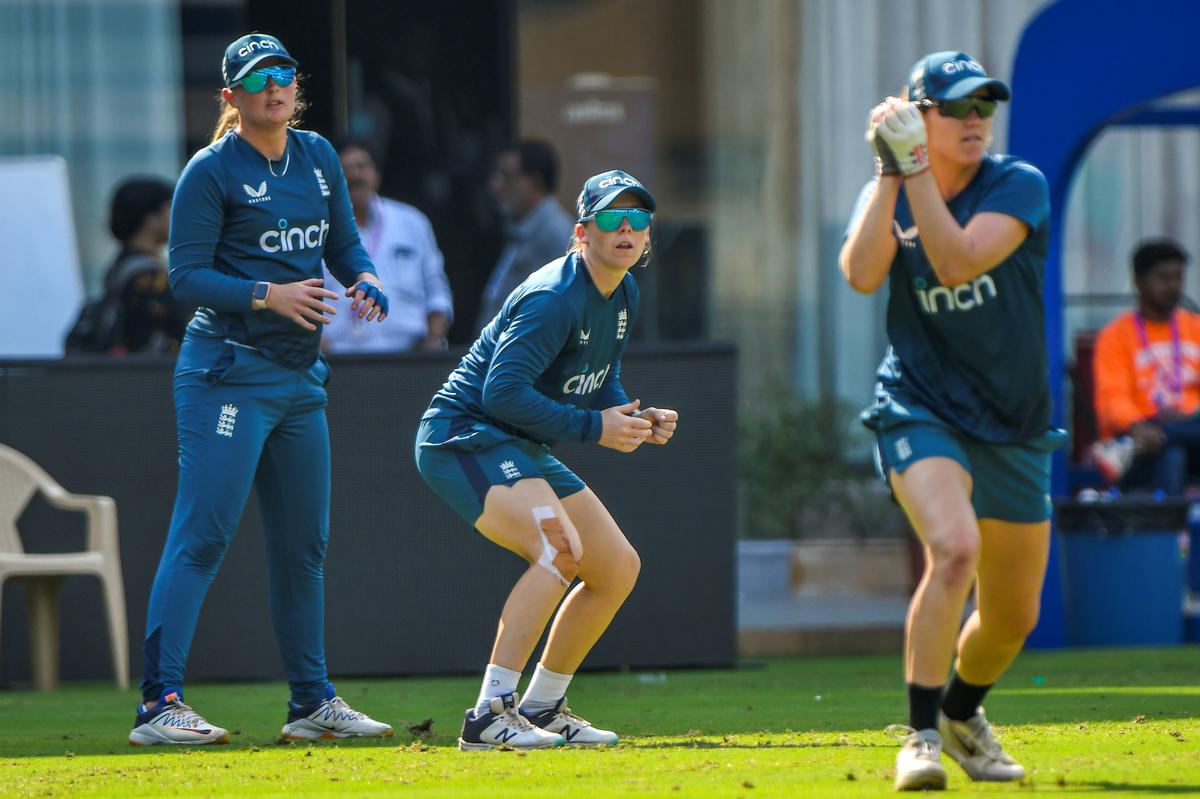 England’s Nat Sciver Brunt, Heather Knight and Sophie Ecclestone during the practice session ahead of India Vs England Test match. 